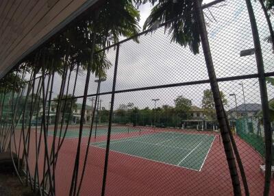 Outdoor tennis court with fencing and surrounding trees