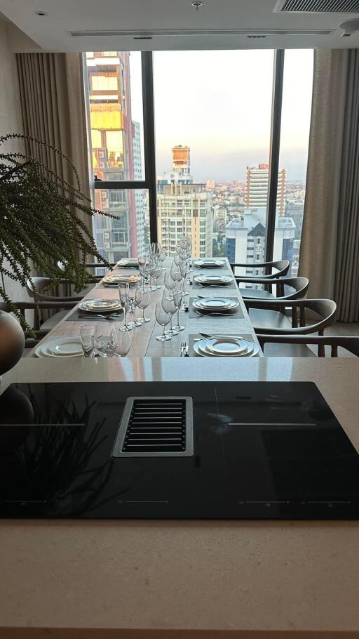 Modern dining room with a city view