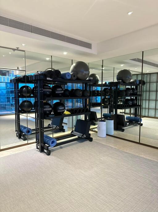 Well-equipped home gym with mirrors and various fitness gear