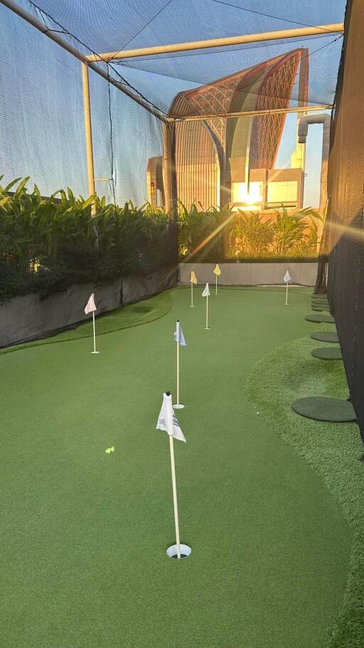 Outdoor mini golf area with artificial turf and flags