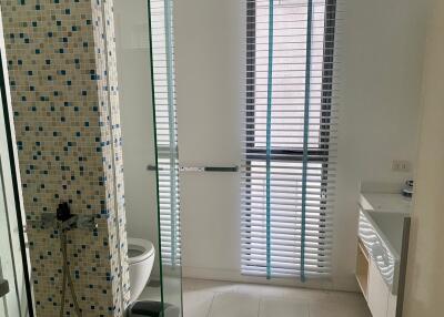 Modern bathroom with glass shower and mosaic tiles