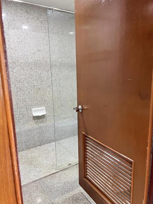 Bathroom with a wooden door