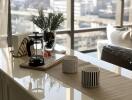 Well-lit kitchen with a city view