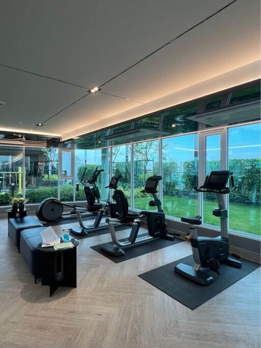 Modern gym with equipment and large windows