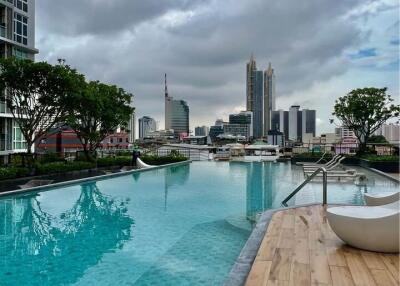 Rooftop pool with city skyline view