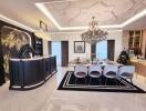 Elegant dining room with chandelier and bar counter