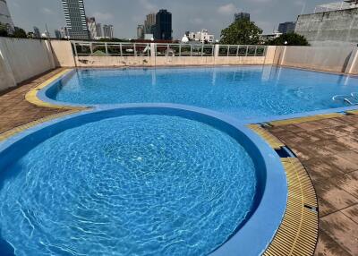 Swimming pool with city skyline view