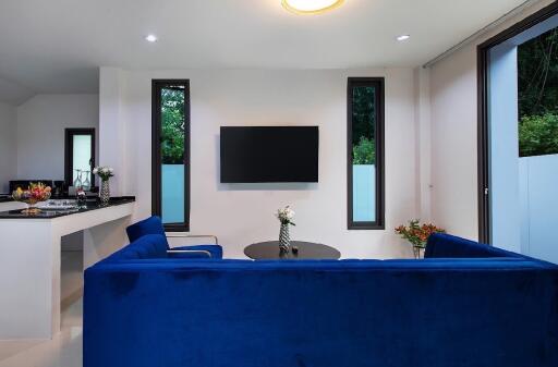 Modern living room with blue sofa and black TV on wall