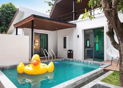 Outdoor area with a swimming pool and inflatable duck float