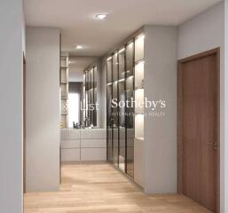 Modern hallway with wooden flooring and built-in storage