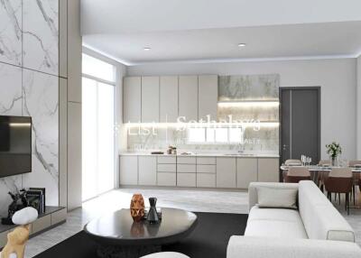 Modern living room with open kitchen