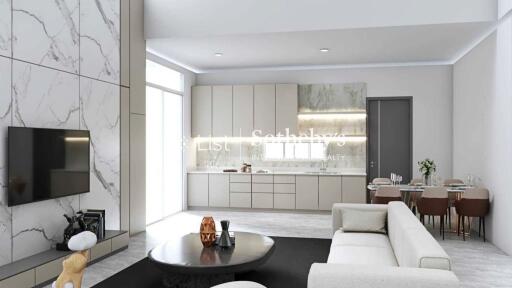 Modern living room with open kitchen