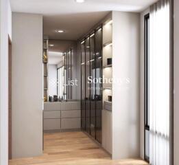 Modern hallway with wooden floor and glass storage units