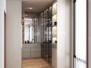 Modern hallway with wooden floor and glass storage units