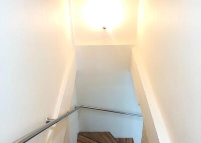 Well-lit staircase with wooden steps and modern handrail