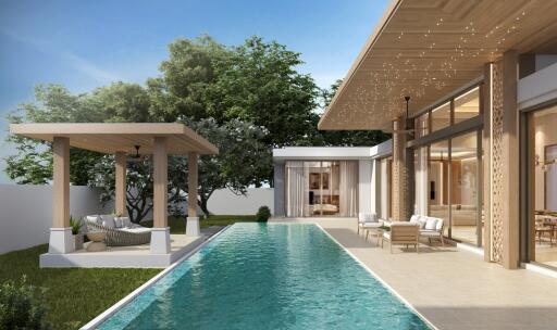 Luxurious outdoor pool area with modern seating and lush greenery