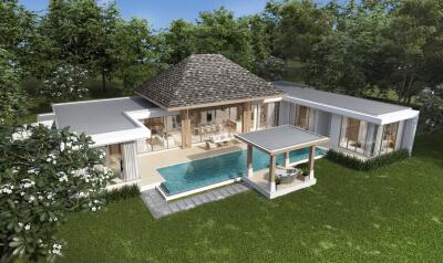 Exterior view of a modern house with a pool