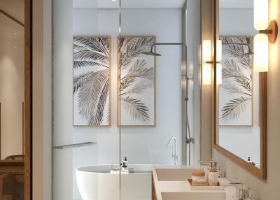 Modern bathroom with double sinks and bathtub