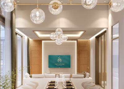 Modern dining area with elegant lighting and decorations