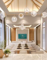 Modern dining area with elegant lighting and decorations