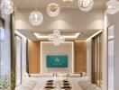 Modern dining area with elegant lighting and decorations