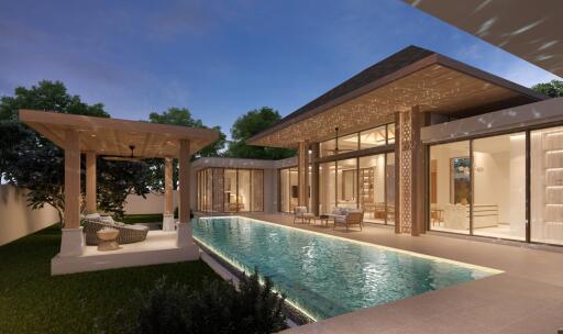 luxurious exterior view with swimming pool and sitting area