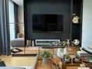 Modern living room with wall-mounted TV and decorative shelving