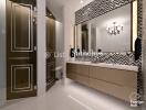 Modern bathroom with large mirror, sleek cabinets, and stylish lighting