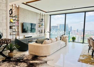 Modern living room with large windows and city view