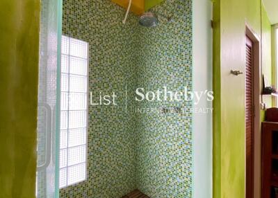 Colorful bathroom with tiled shower area and wooden floor