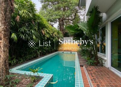 Photo of a narrow swimming pool surrounded by greenery next to a building