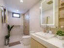 Modern bathroom with large mirror and glass-enclosed shower