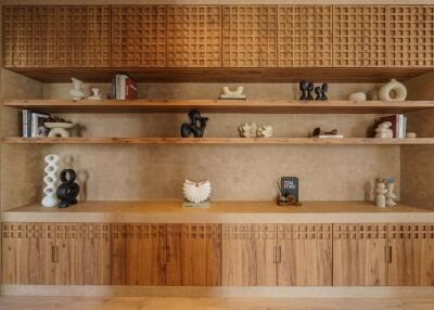 Wooden shelves with decorative items and books