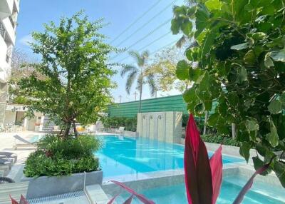 Outdoor swimming pool with greenery and lounge chairs