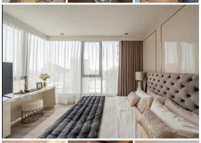 Collage of an elegantly furnished living space including living room, bedroom, bathroom, and dining area