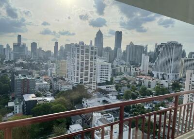 View of city skyline from balcony