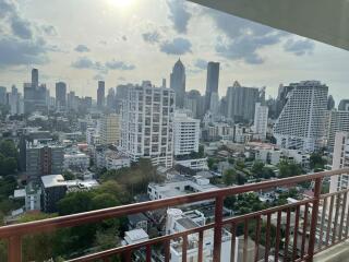 View of city skyline from balcony