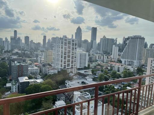 View of city skyline from balcony