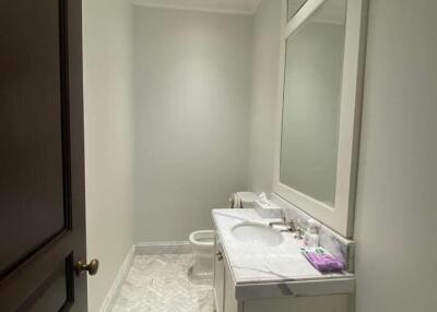 Bathroom with vanity and large mirror