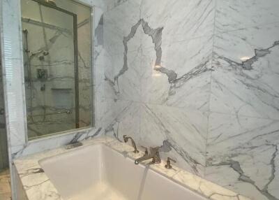 Luxurious bathroom with marble walls and bathtub