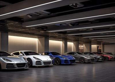 Spacious garage with multiple luxury cars