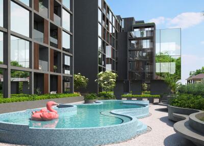 Modern apartment building with pool and lounge area