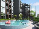 Modern apartment building with pool and lounge area