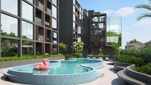 Modern apartment building with pool and lounge area