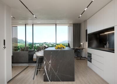 Modern kitchen with marble island and large windows