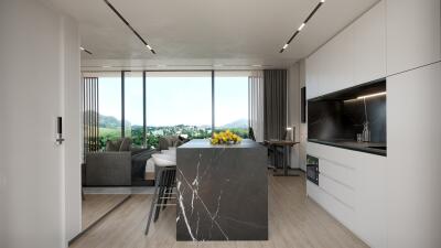 Modern kitchen with marble island and large windows