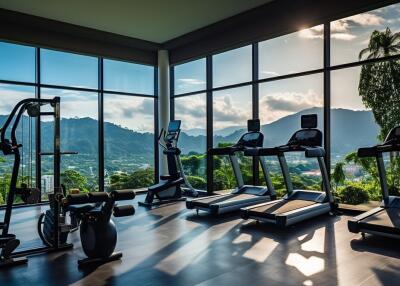 Modern gym with panoramic windows and fitness equipment