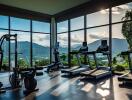 Modern gym with panoramic windows and fitness equipment