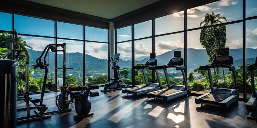 Modern gym with panoramic windows and fitness equipment