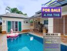 House with swimming pool and for sale sign